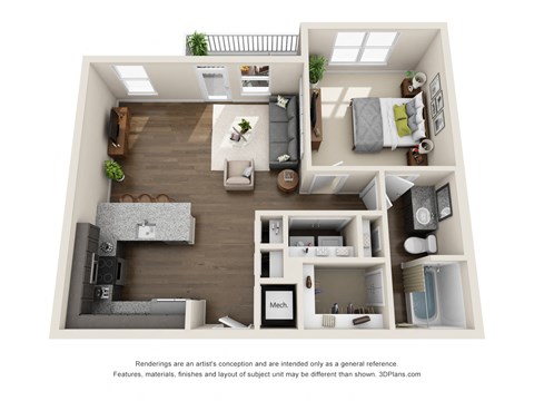 Floor plan for 1 bed, 1 bath, 787 sqft